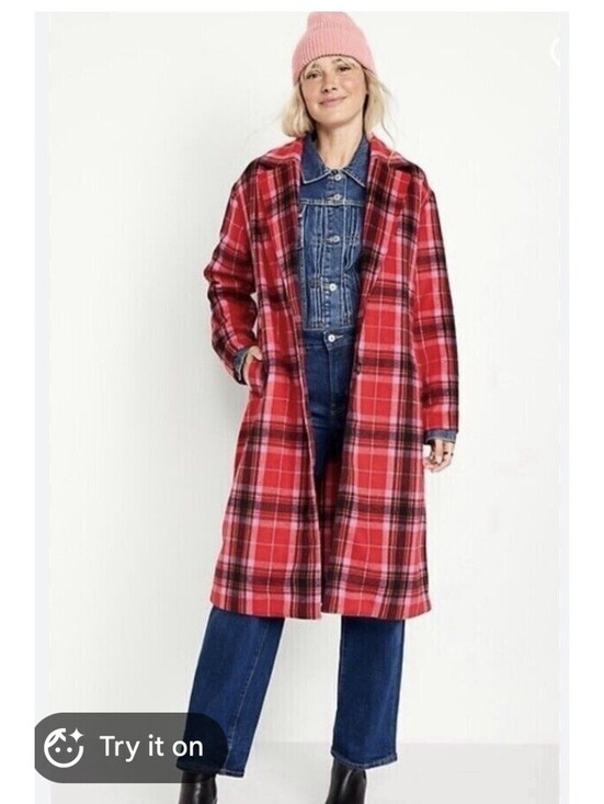 Old Navy Jackets & Blazers - Old Navy Women Long Coat Red Tartan Plaid Sz L Oversized Soft Pockets
